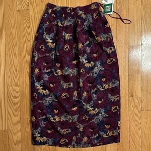 Flora Kung Vintage 100% Silk Midi Skirt Floral Size 6 High Rise Plum Gold Blue